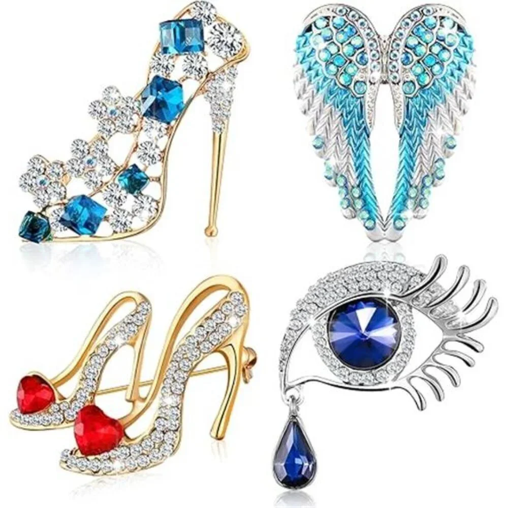 Elegant Crystal Brooch Set – High Heels, Angel Wings, and Eye Designs (4-Piece)